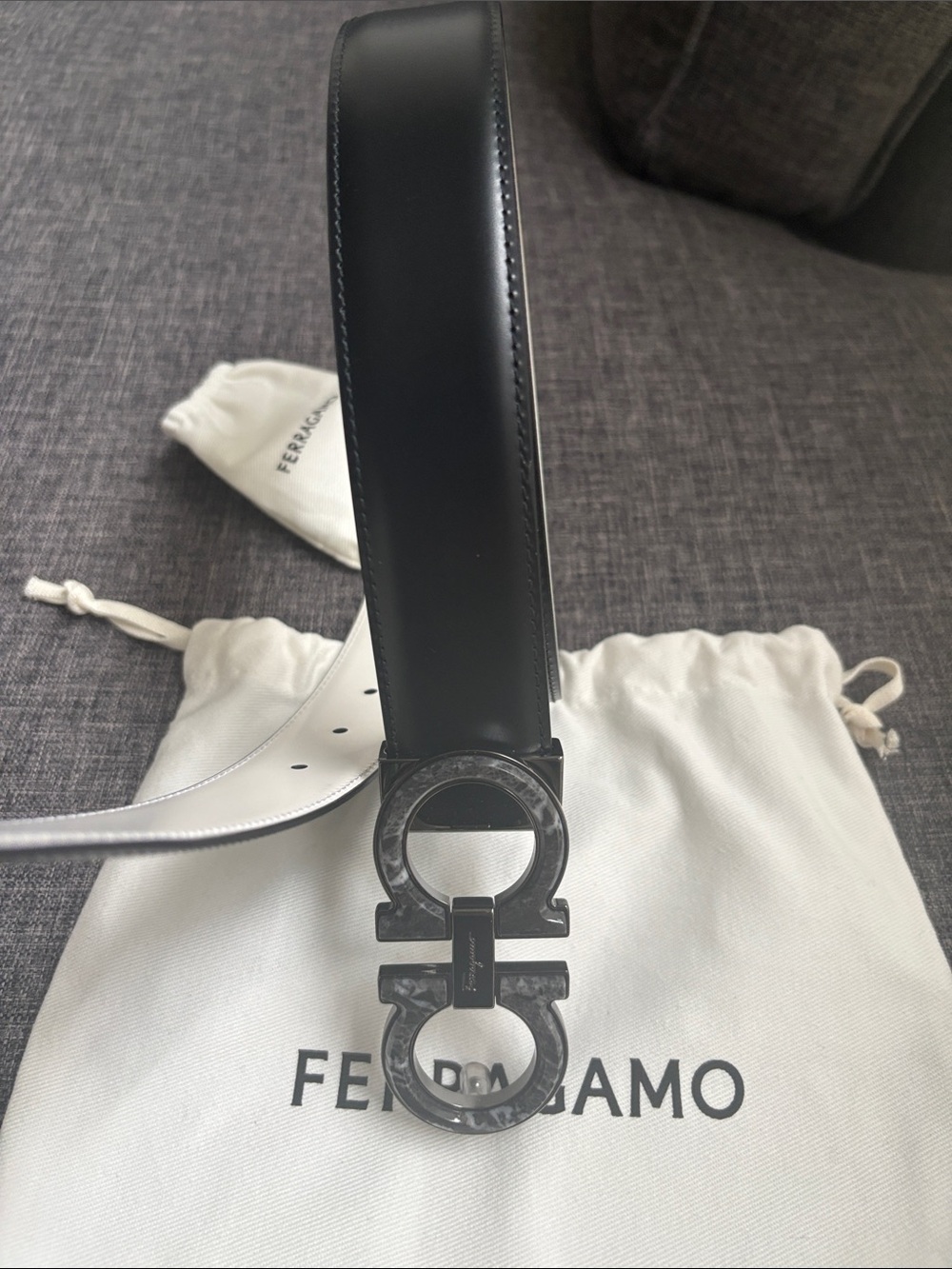 Salvatore Ferragamo Reversible Black White Leather Belt Gunmetal Gancini Buckle